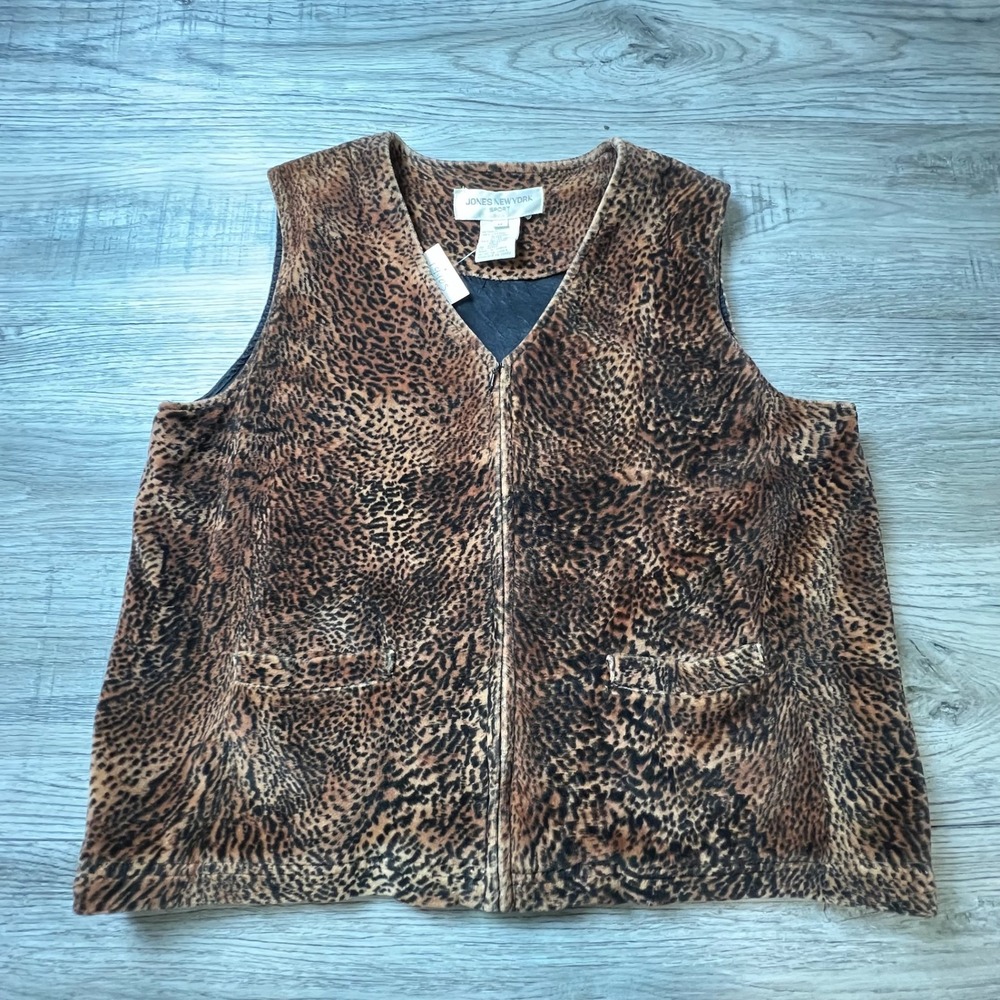 Jones New York Vest Womens M Brown Leopard Print Zip Up Vintage 90s Animal Sport
